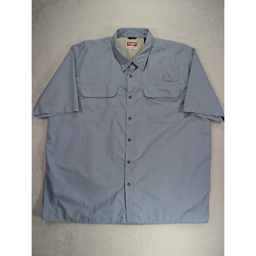 Wrangler Premium Fishing Shirt 2XL Blue Nylon S/S Gorpcore Hiking